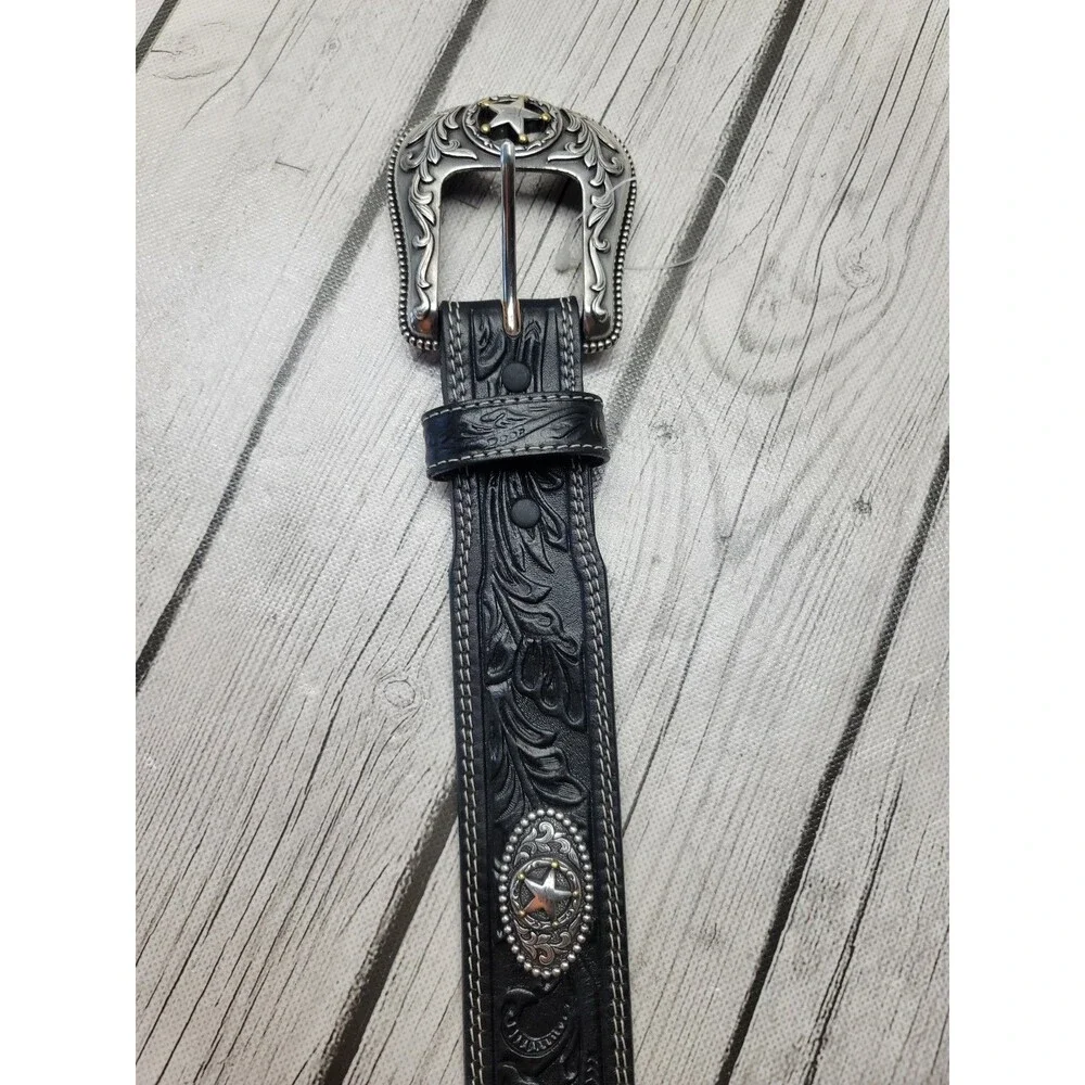 Justin 5 Star Ranch Black Leather Floral Tool Concho Western Belt Mens 38 C12423